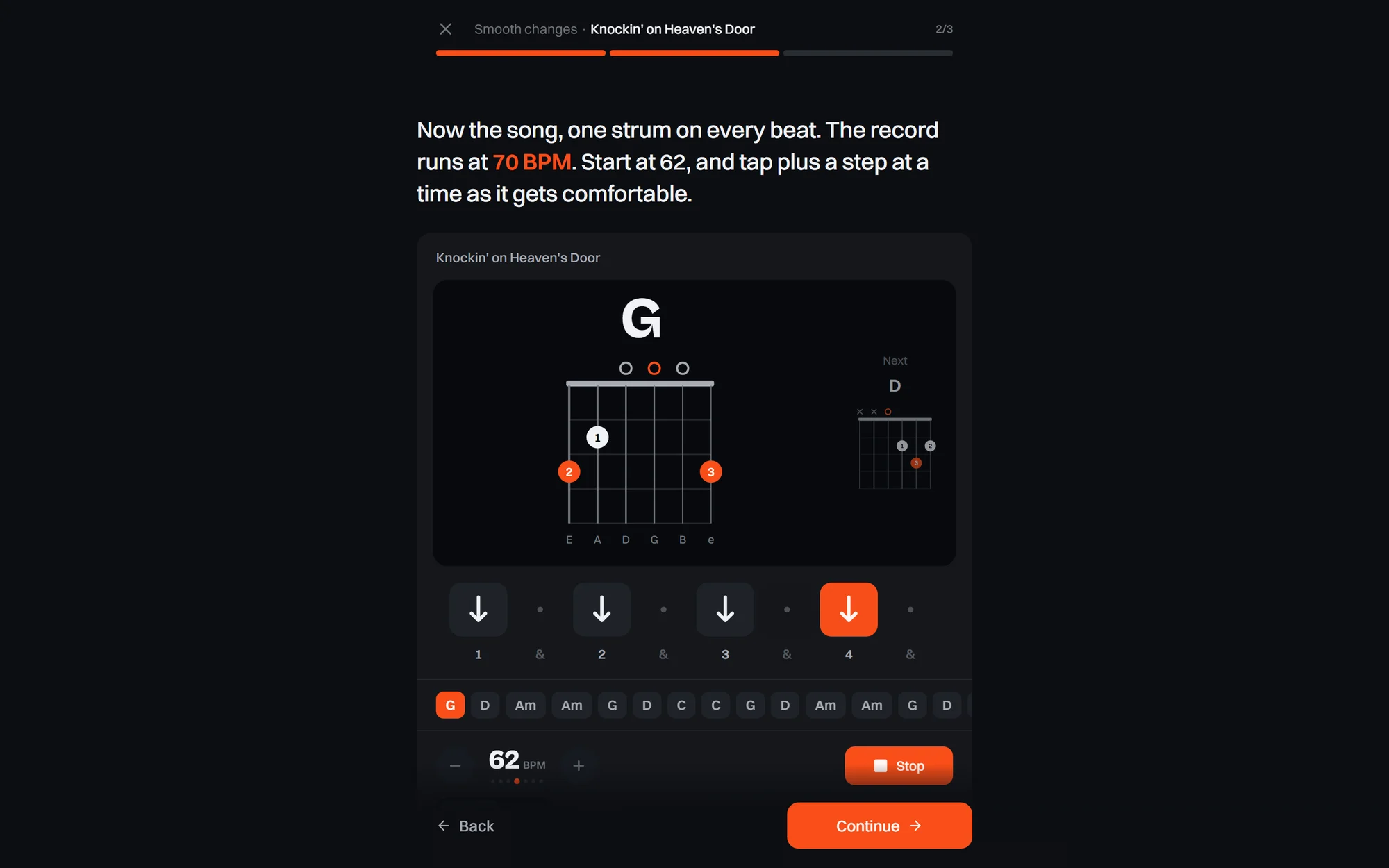 A lesson in GuitarManac: playing along to Knockin' on Heaven's Door, with the G chord and the strum