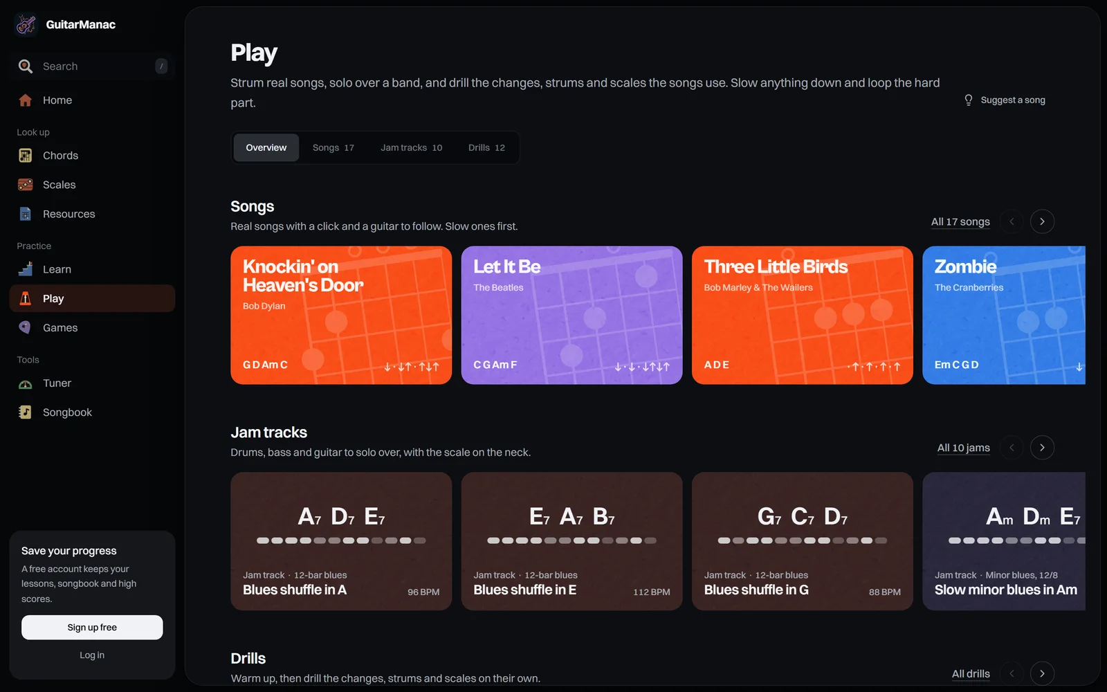 Play: songs, jam tracks and drills